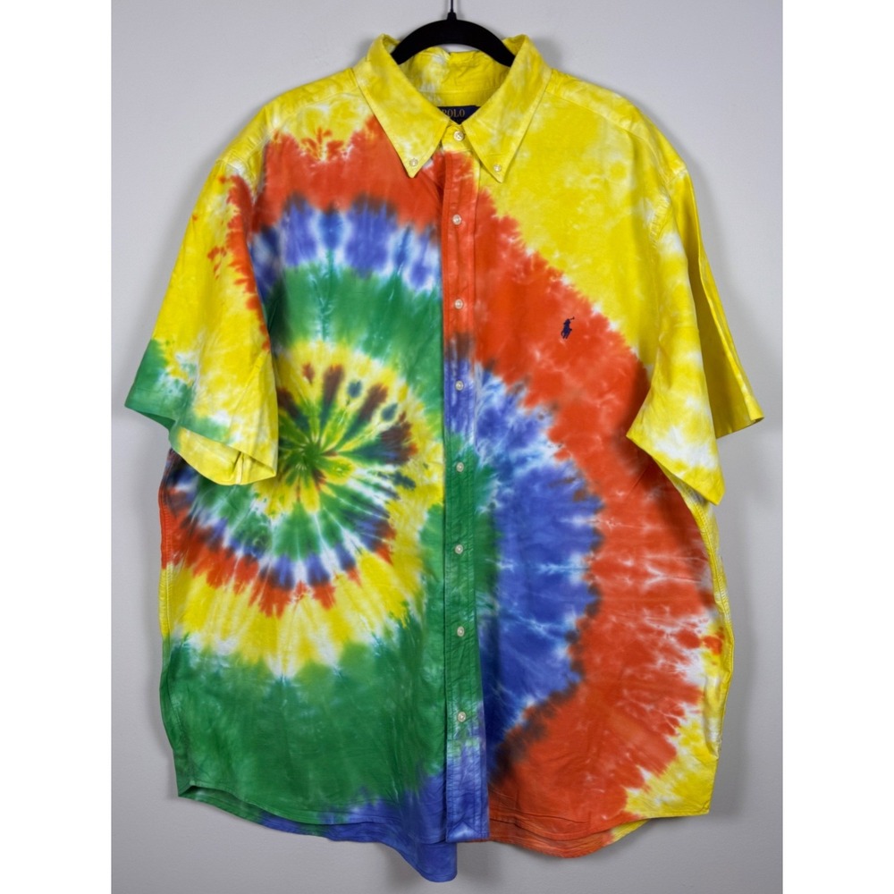 Polo Ralph Lauren Mens 2XB Tie Dye Spiral Rainbow Cotton Button Down Shirt Pony